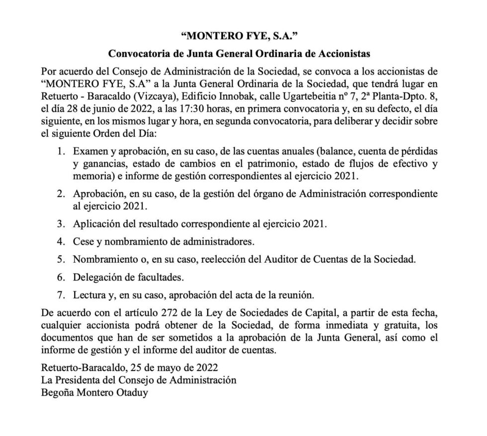 Convocatoria De Junta General Ordinaria De Accionistas