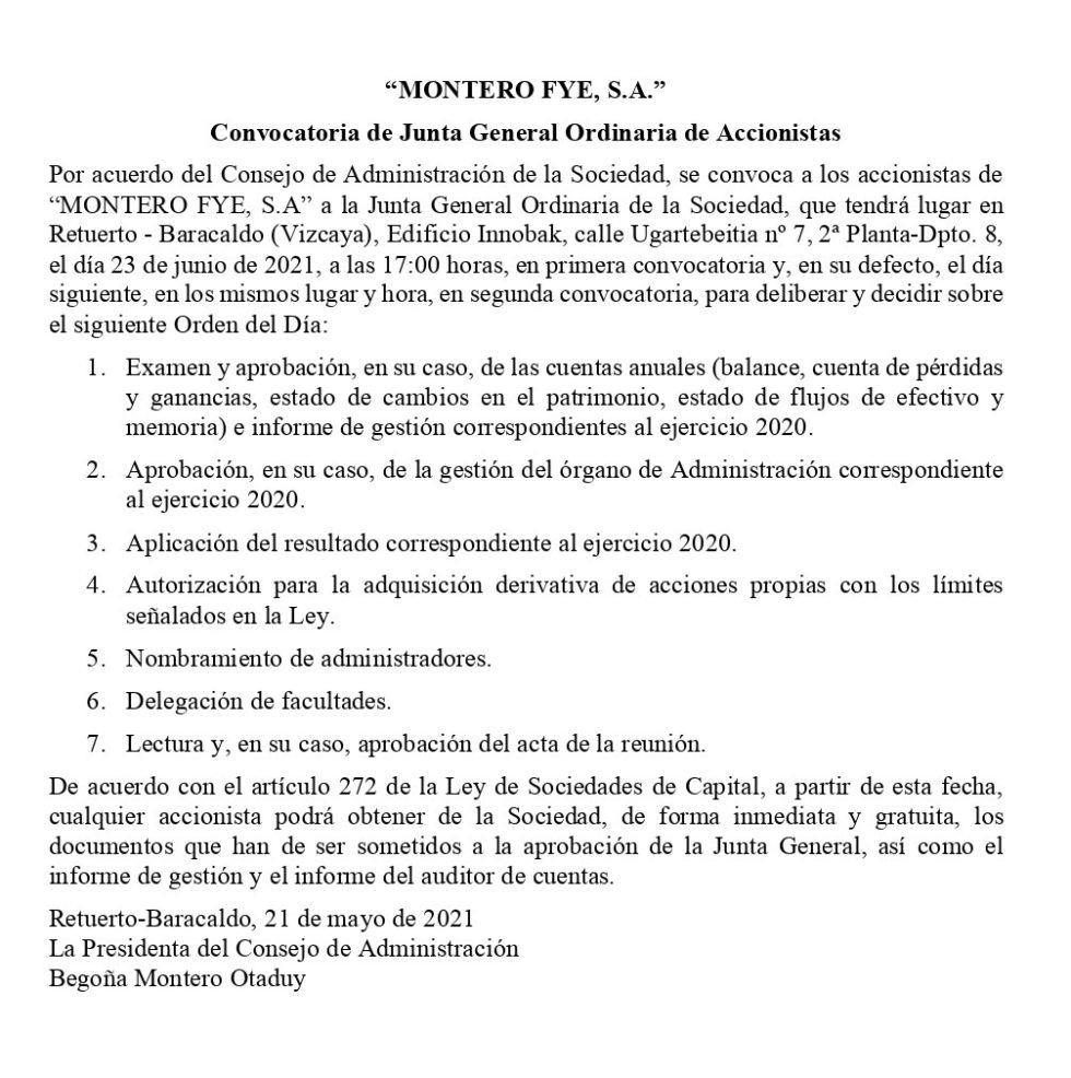 Convocatoria De Junta General Ordinaria De Accionistas