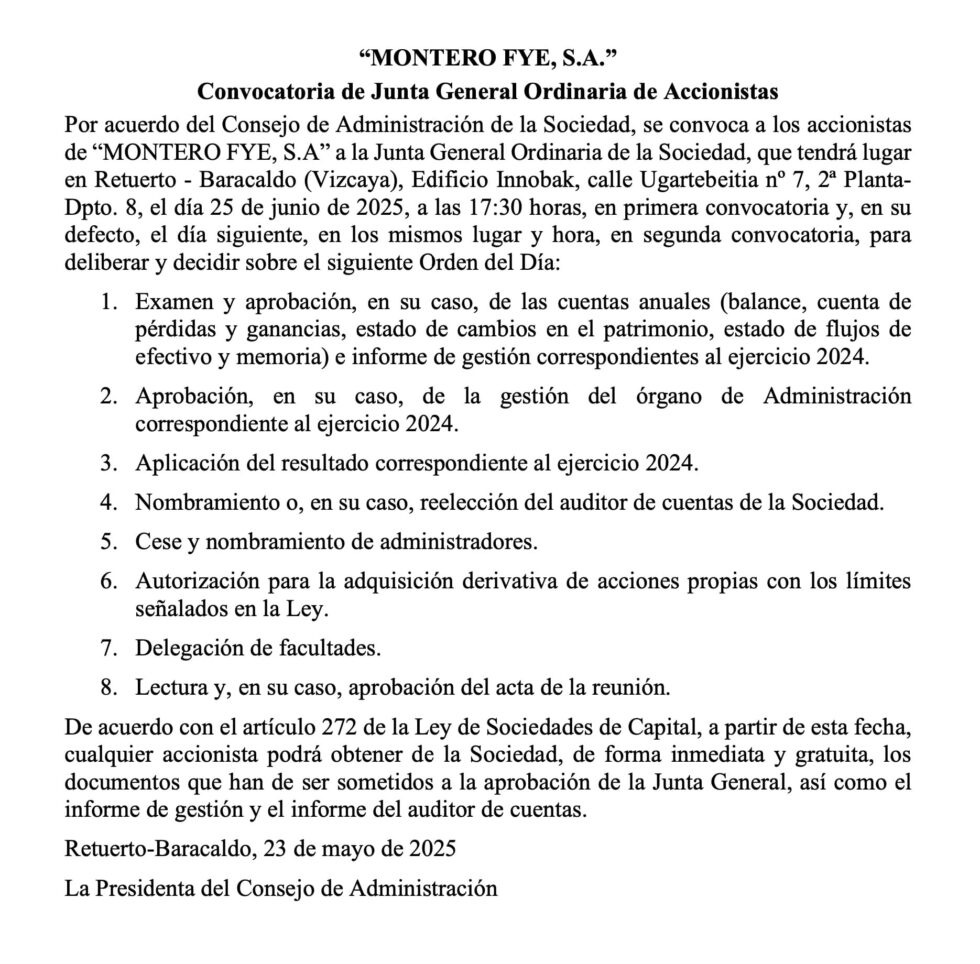 Convocatoria De Junta General Ordinaria De Accionistas