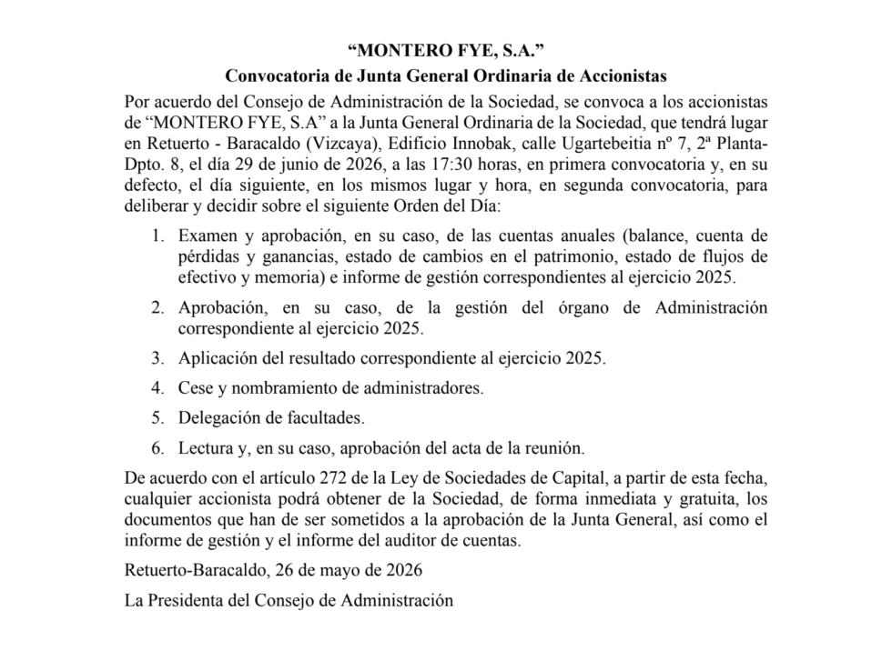 Convocatoria De Junta General Ordinaria De Accionistas